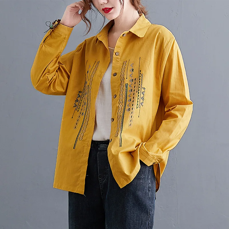 

2023 New Spring Summer Southeast Asia Indie Folk Women Blouses Long Sleeve Turn-down Collar Embroidery Ladies Cotton Shirts Tops