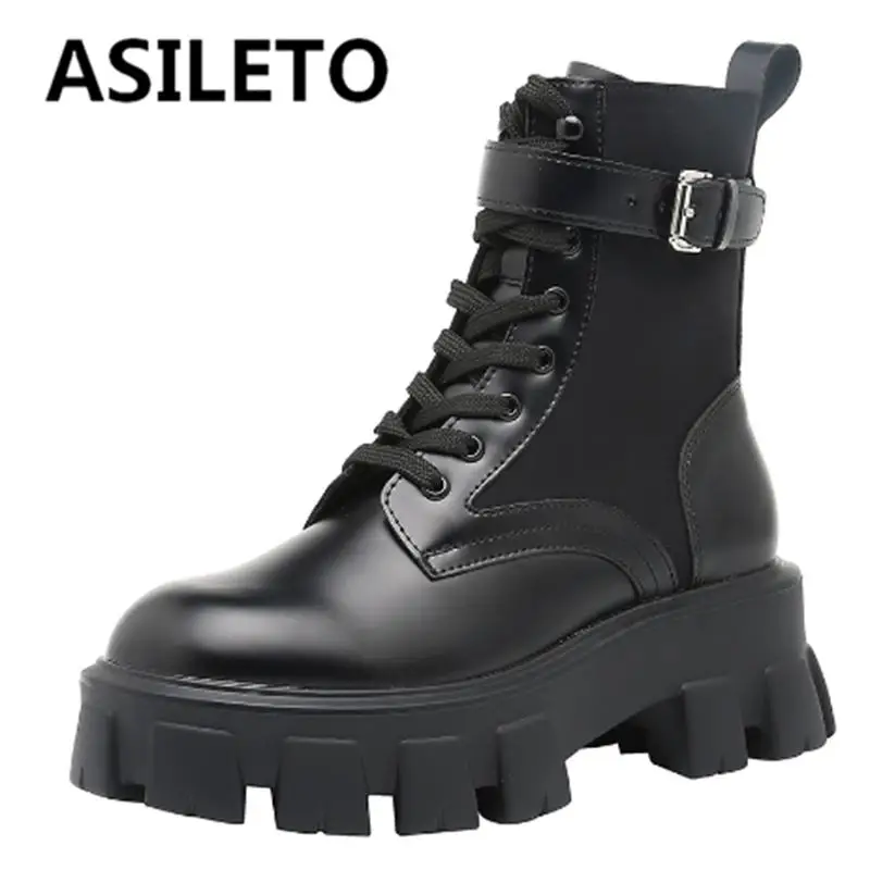 

ASILETO Womens Boots Round Toe Chunky Heels 6cm Platform Splice Buckle Lace-up British Solid Retro Casual Big Size 33-43 S4115