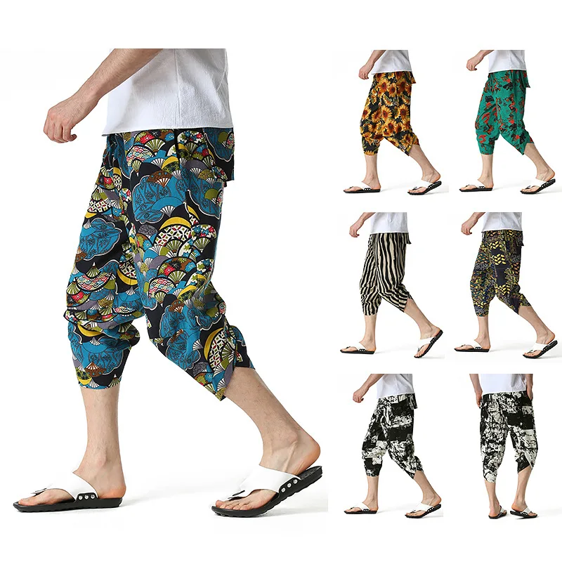 

Fashion Casual Printed Capri Pants Men's Wild Cotton Linen Loose Linen flax Harem Pants Korean Style Trend Nine-point Trousers