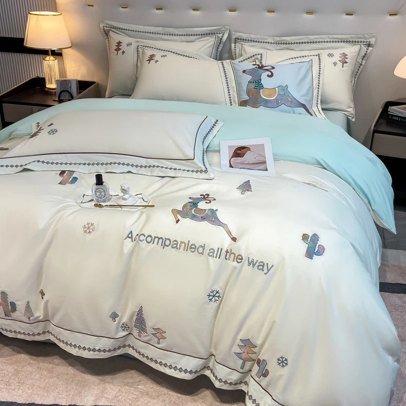 

Bedding Set Luxury 140S Pure Cotton Embroidery 600TC Duvet Cover Set Bed Sheets and Pillowcases Sort Comfortable Home Textiles