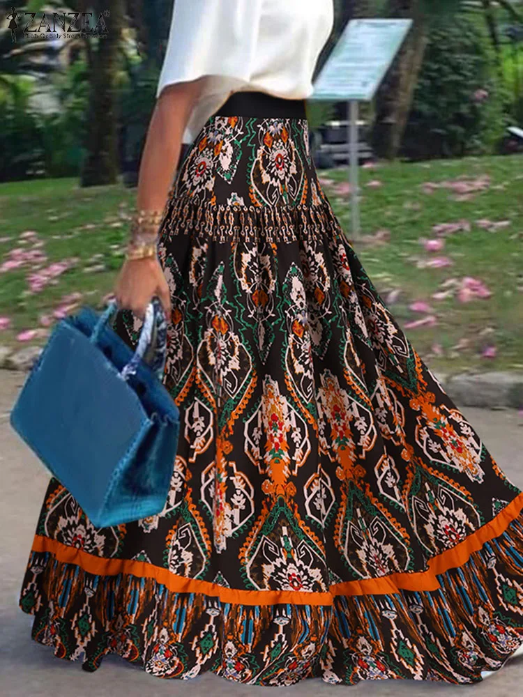

ZANZEA High Waist Loose Faldas Pleated Tiered A-line Jupes Summer Paisley Print Maxi Skirt Bohemian Casual Women Holiday Skirt