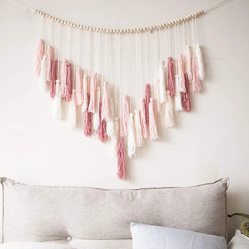 

2 Styles Hanging Wooden Beads Tassel Tapestry Ornament Bohemian Nordic Handmade Sofa Background Wall Window Decoration
