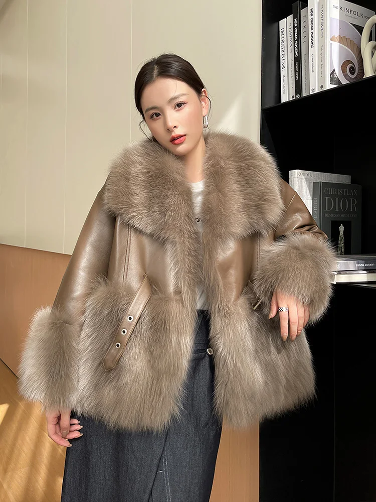 Women Real Fur Coat Autumn Winter Thicken Fox Fur Big Turn-down Collar Stitching Sheepskin Fur Jacket Double-faced Fur Outerwear