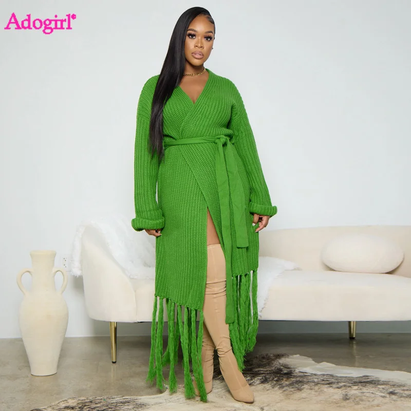

Adogirl S-3XL Thick Knitted Sweater Tassel Cardigans with Belt Women Solid Long Sleeve Open Stitch Bandage Casual Coats