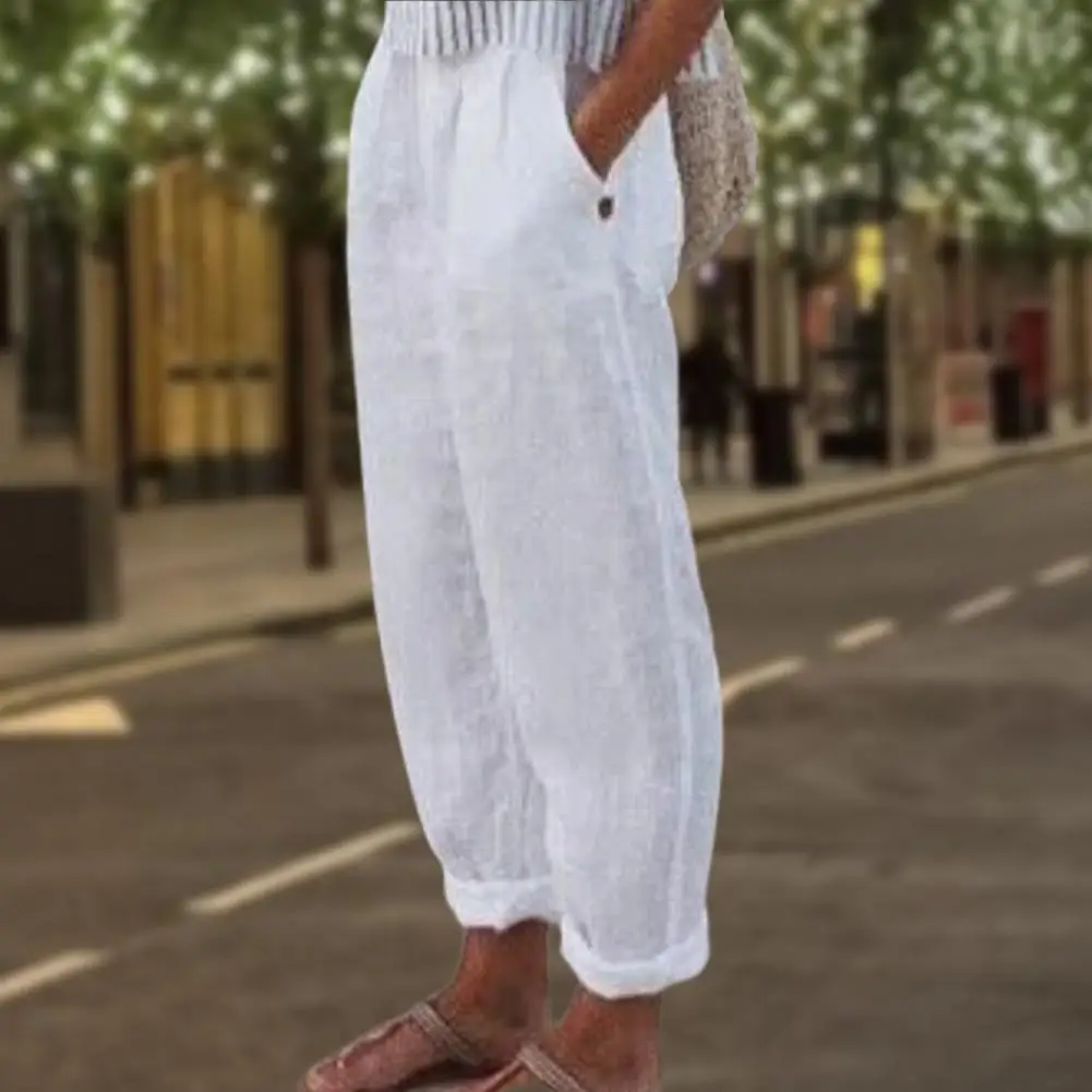 

Women Harem Pants Summer Casual Vintage Cotton Linen Pants Elastic Waist Wide Leg Retro Loose Pockets Female Mom Trousers S-3XL