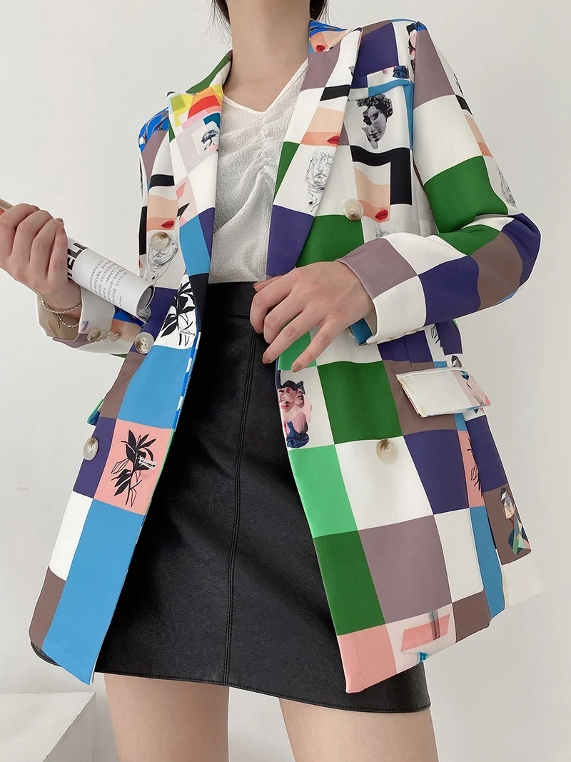 

New Women's Spring Graffiti Print Suit Collar Double-breasted Temperament All-match Casual Mid-length Suit Jacket Women