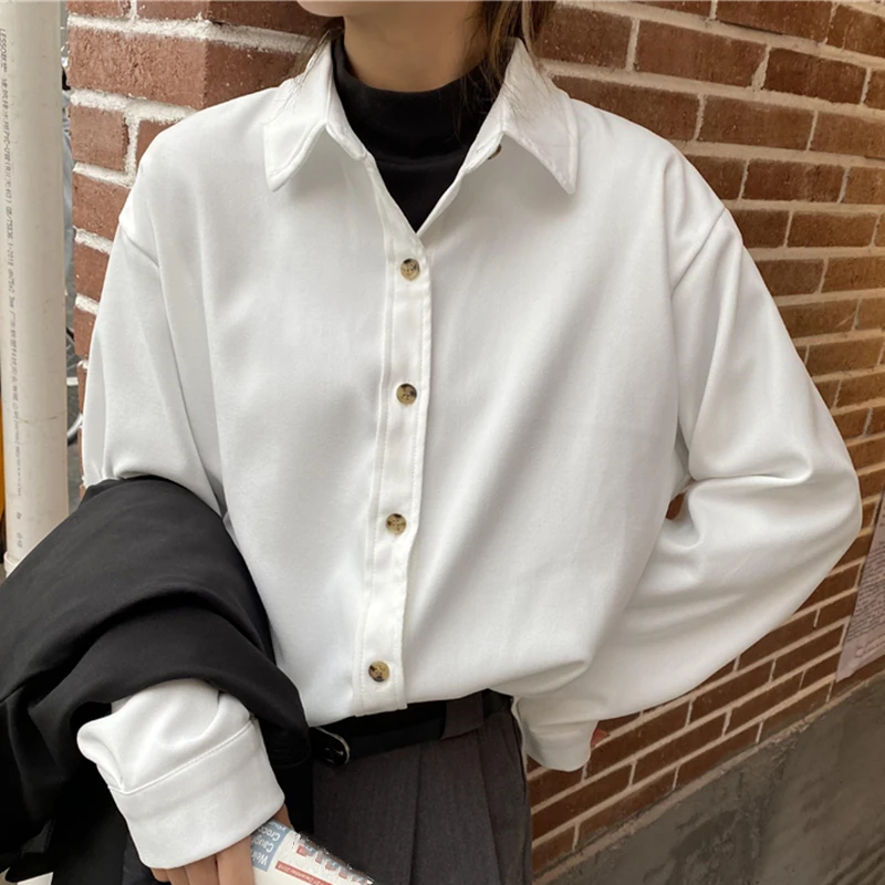 

Autumn Women Korean Tum-Down Collar Vintage Solid Long Sleeve Tops Loose Casual Single Breasted Ladies Shirt Blusas Mujer Female