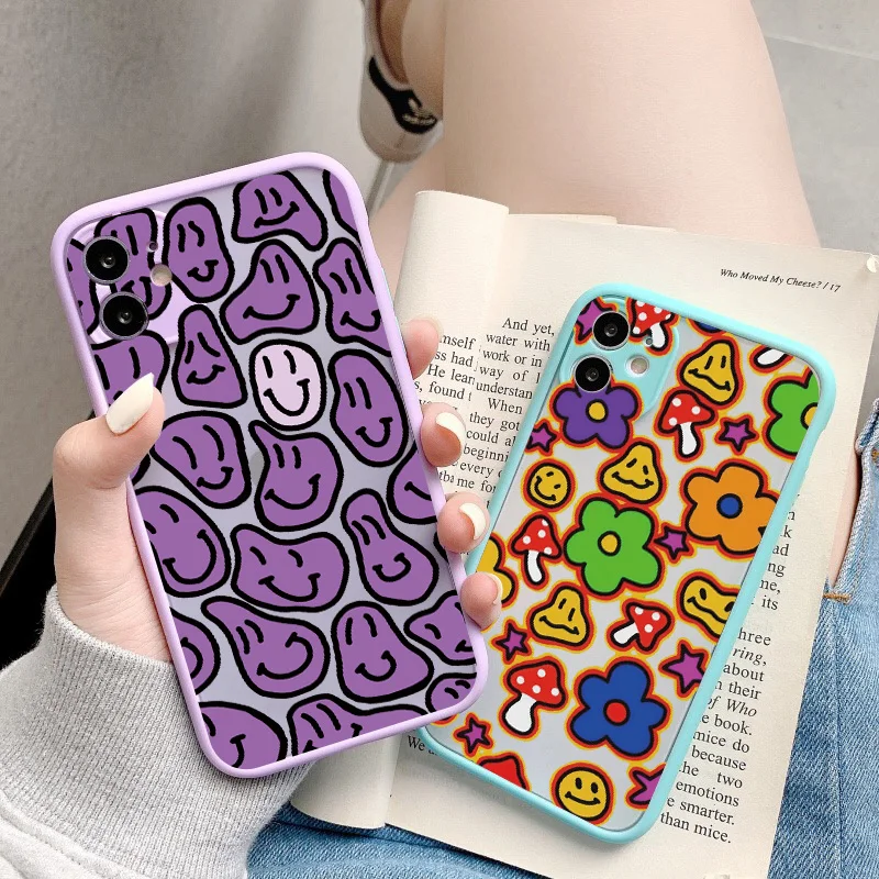 

Cute Funny Trippy Smiley Face Phone Case For iPhone 11 12 13 Mini 14 Pro XS Max X XR 7 8 Plus SE20 12pro Hard TPU Colorful Cover