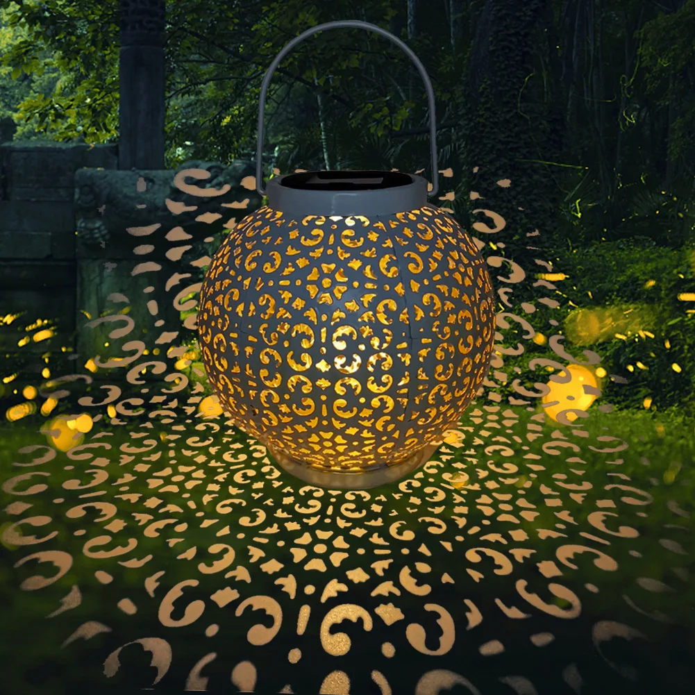 

Portable Iron Solar Lantern Retro Outdoor Garden With Shadow Effect Hollowed Hanging Moroccan Lamp Landscape Table Decoration