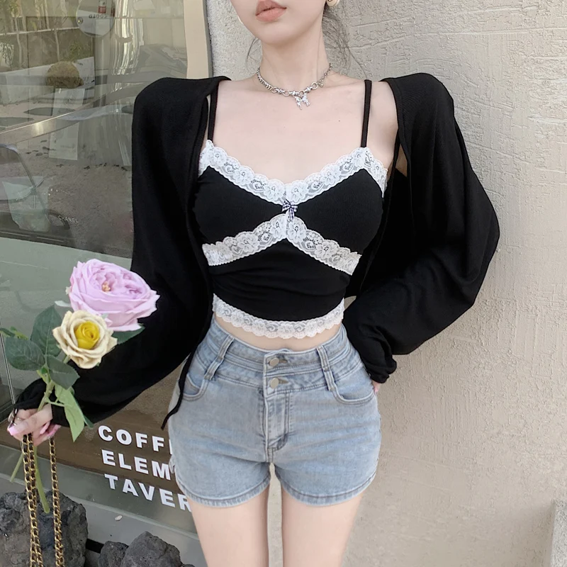 

2 Piece Tops Women Summer Cute Crop Tops Lace Trim Camis Casual Tees Womens Clothing