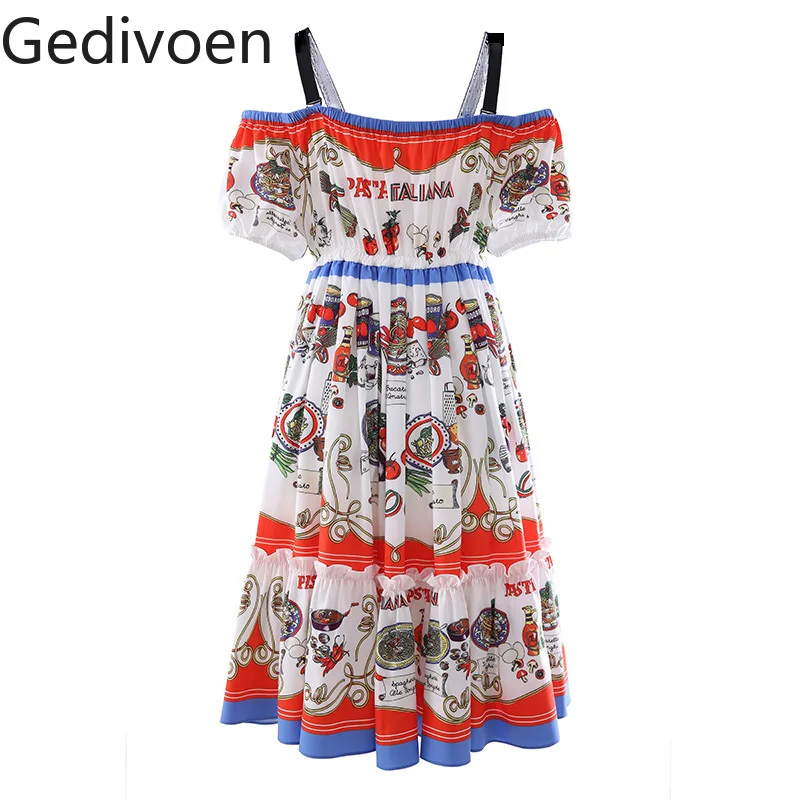 

Gedivoen Fashion Designer Summer Dress Spaghetti Strap Puff sleeve Elastic waist Food print Vintage Vacation Party Dresses