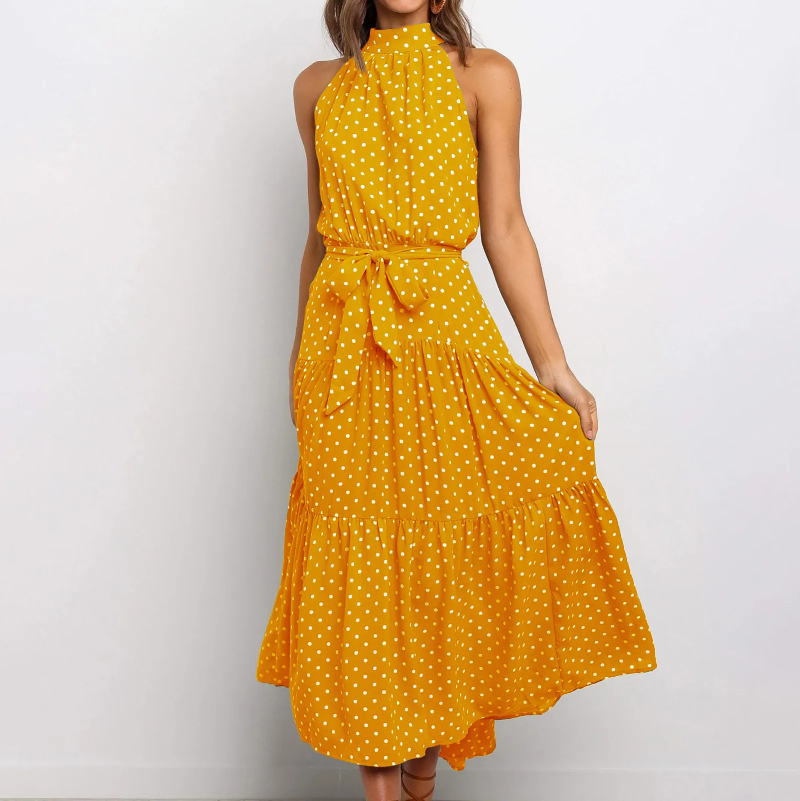 

Summer Long Party Dresses Polka Dot Casual Dresses Sexy Halter Strapless New 2023 Yellow Sundress Vacation Clothes For Women