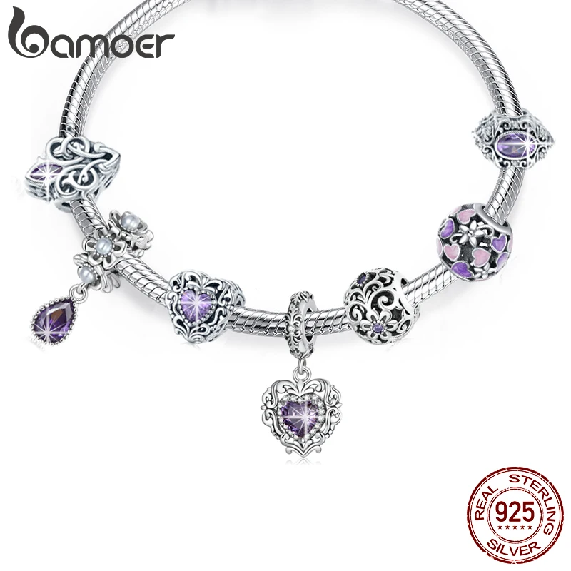 

BAMOER Vintage Pattern Charm 925 Sterling Silver Purple Stone Love Drop Pendant fit for Women Bracelet & Bangle Fine Jewelry