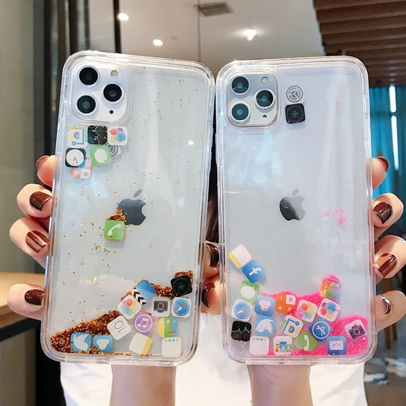 

Dynamic Quicksand Case Cover For iPhone 11 12 13 Pro MAX 8 7 6 6s X XS MAX XR Liquid Transparent Cute apps icon Case Capa