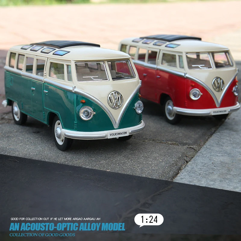 

1:24 Volkswagen T1 автобус фургон из цинкового сплава, игрушечный автомобиль, литая модель MPV со звуком и подсветкой, детский подарок для мальчиков, ...