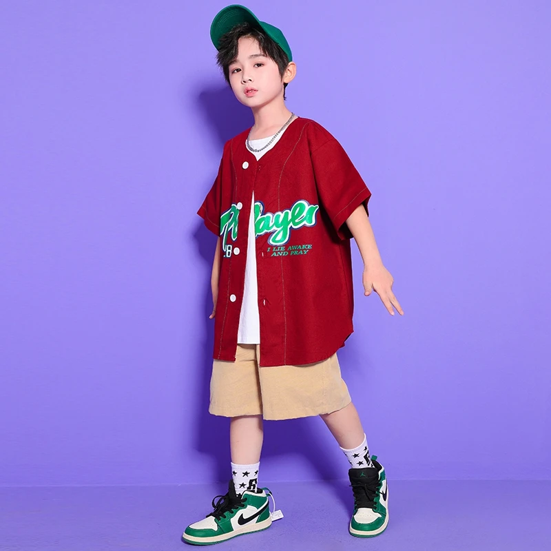 

Boys Girls Hip Hop Clothing Red Baseball Shirt Short Sleeve Top Streetwear Khaki Shorts For Kids Jazz Dance Costume Clothes