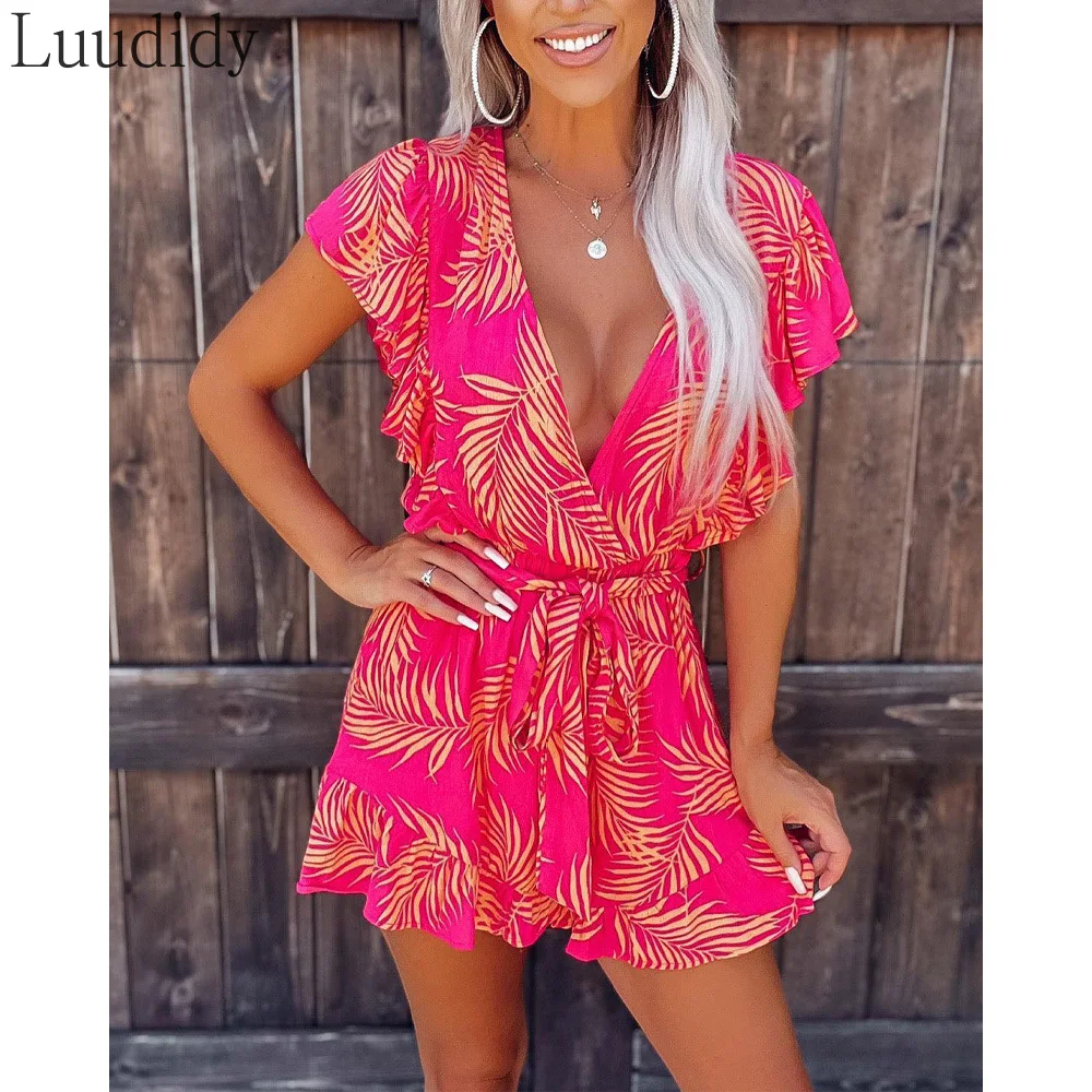 

Sexy Deep V-neck Short Sleeve Leaf Print Ruffle Hem Belted Romper