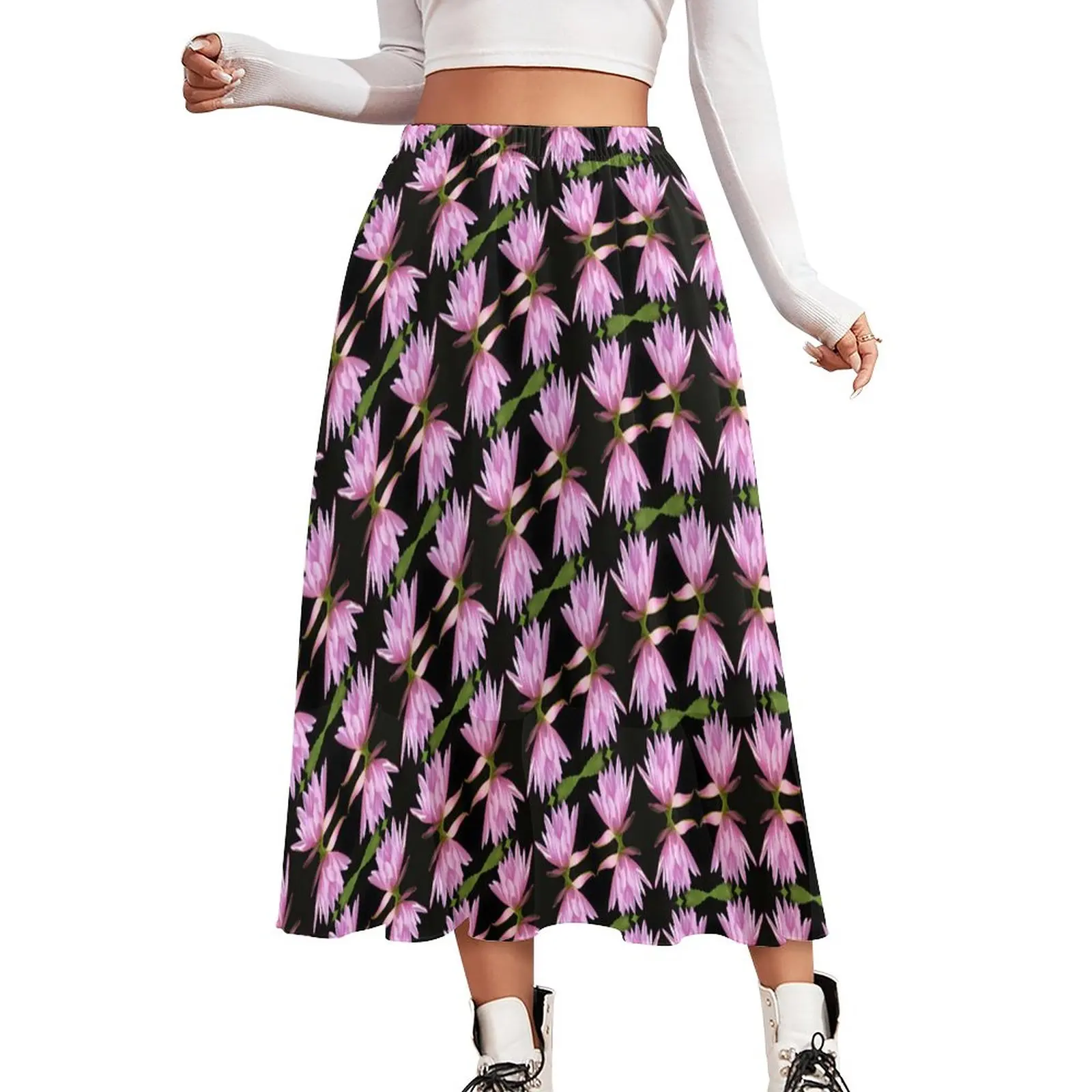 

Pink Water Lily Skirt Womens Floral Print Elegant Boho Skirts Pattern High Waist Street Fashion A-line Skirt Large Size