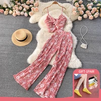 summer women sexy printed two piece set beach female strap bohemia tops draped wide leg pants floral printed suits new