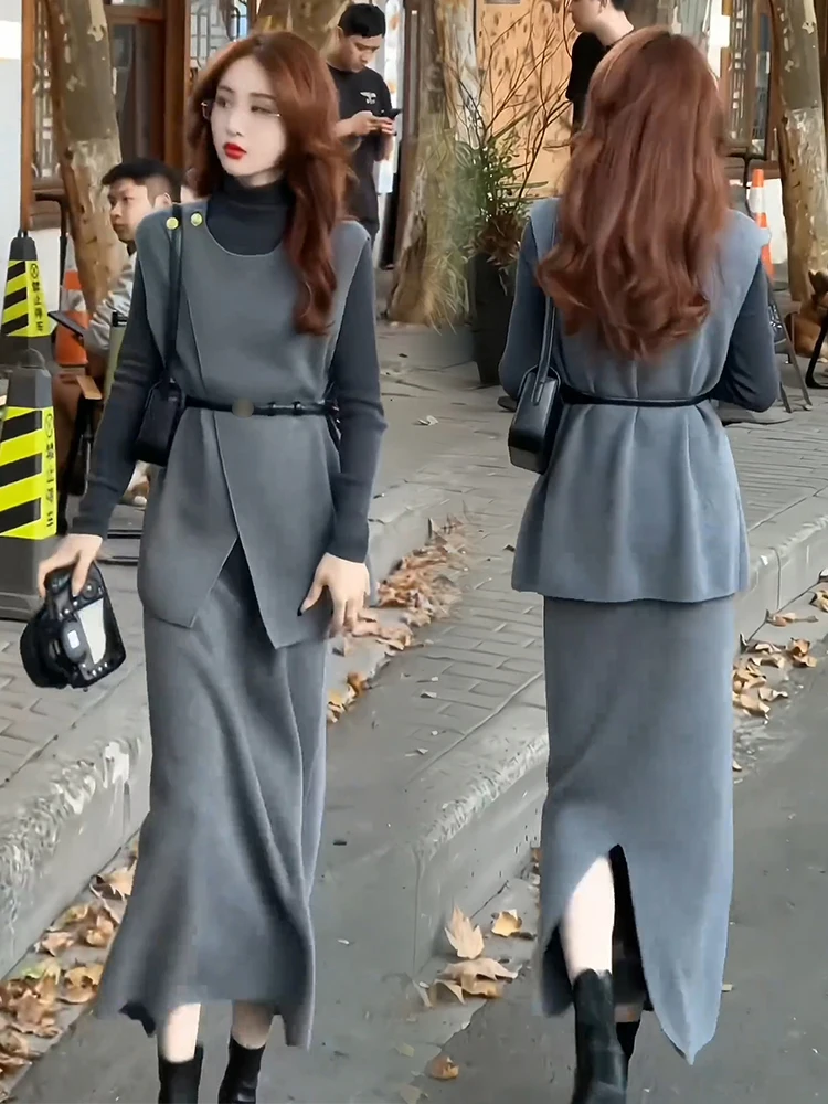 Осеннее новое темпераментное платье с французским вырезом High Sense женский жилет в