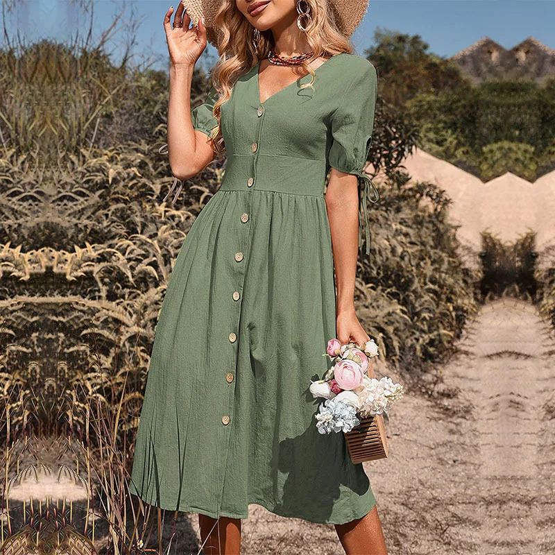 

Summer Women Short Sleeve V Neck Solid Color Single Breasted Cotton Linen A Line Dress
