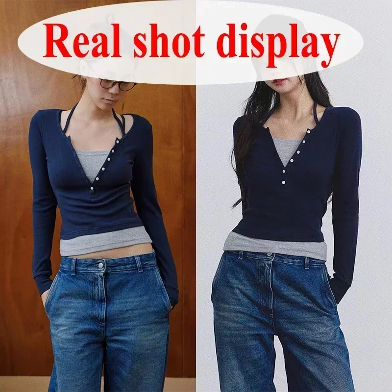 Y2K Fake Two Piece T-Shirt Women Fashion Patchwork Aesthetic Crop Tops Female Spring Summer Slim Fit Long Sleeve Tees