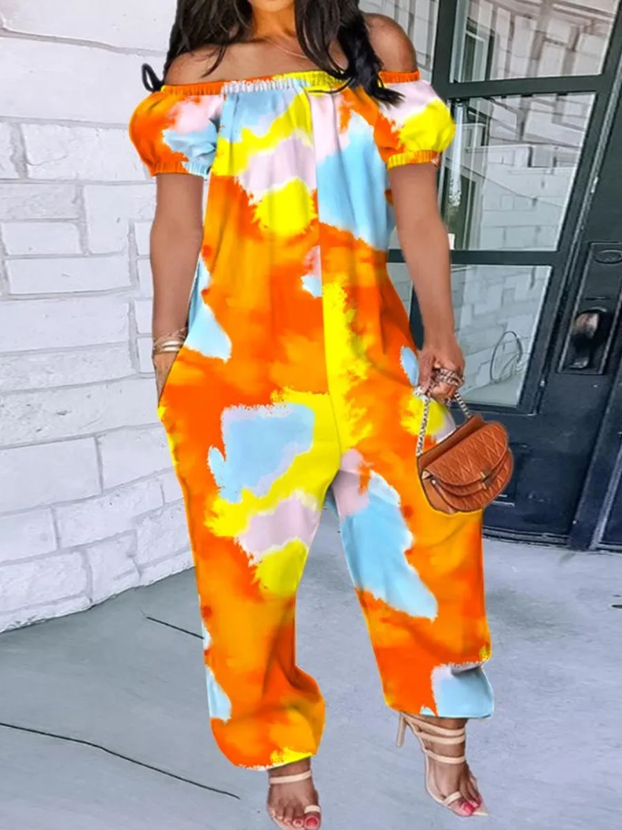 LW Plus Size Off The Shoulder Tie-dye Jumpsuit 2023 NEW Fashion Off Shoulder Tube Jumpsuit Loose Elegant Womens Jumpsuits