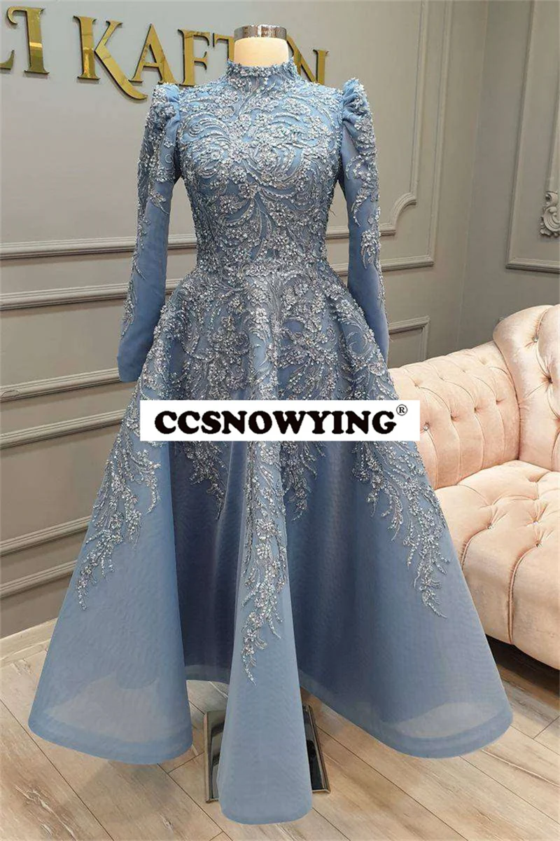 

Long Sleeve Muslim Evening Dresses Islamic Organza Appliques High Neck Hijab Formal Party Gown Saudi Arabia Robe De Soiree