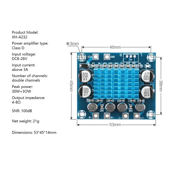 

Good Signal-To-Noise Digital Amplifier Board Two-Channel XH-A232 30W TPA3110 Chip With Chip Resistors MP3 Amplifier Module