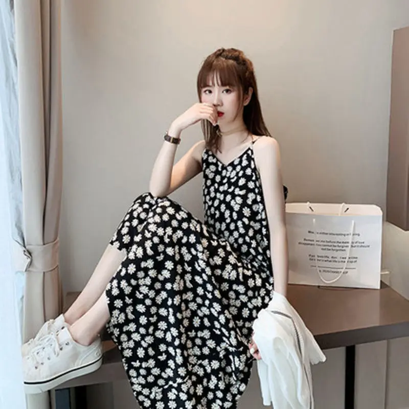 

Small Daisy Floral Print Chiffon Women Dress 2023 Summer Casual V-Neck Sleeveless Midi Dress Lady Elegant Sexy Camisole Vestidos