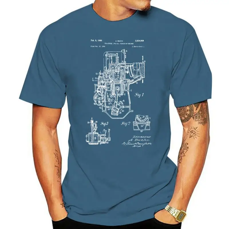 

T Shirts Fashion 2022 Buchi Two Stroke Engine T-Shirt Car T-shirt Car Engine Engine Design Patent Gift Crew Neck Men Funny