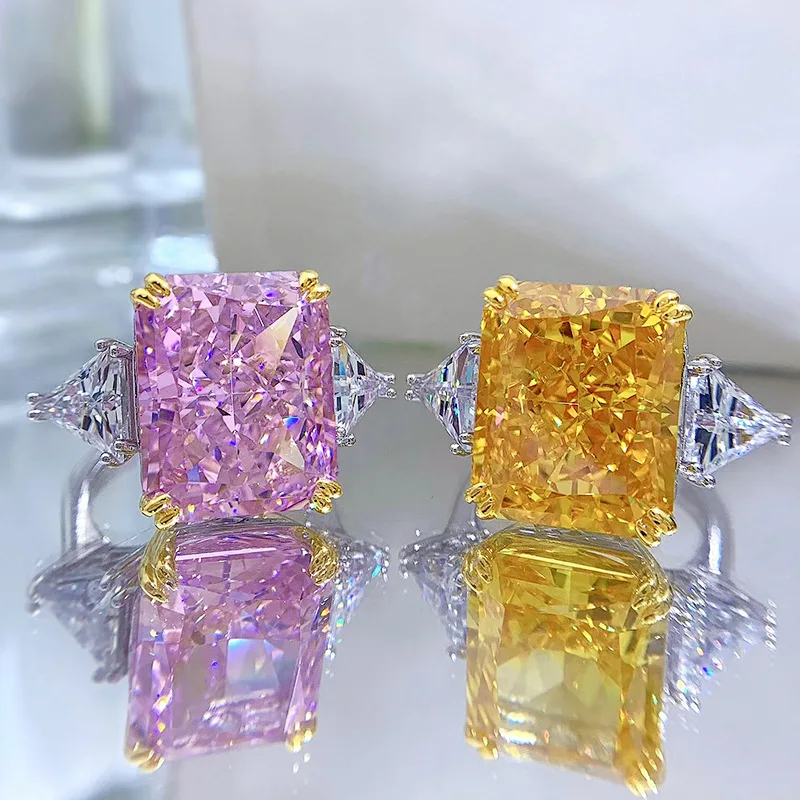 

Wedding Ring 925 Sterling Silver High Carbon 13x16mm 30Ct Pink Yellow Created Diamond Four Prong Settings Ice Flower Cut Rings