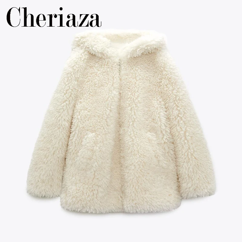 

Cheriaza Winter This White Artificial Fur Jacket Women Fleece Warm Long Sleeve Hooded Jackets Lambswool Zipper Pocket Outerwear