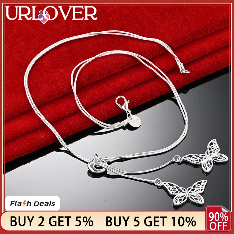 

URLOVER 925 Stamp Silver Color Birthday Gift 45cm Double Butterfly Pendant Chain Necklaces For Women Party Wedding Charm Jewelry