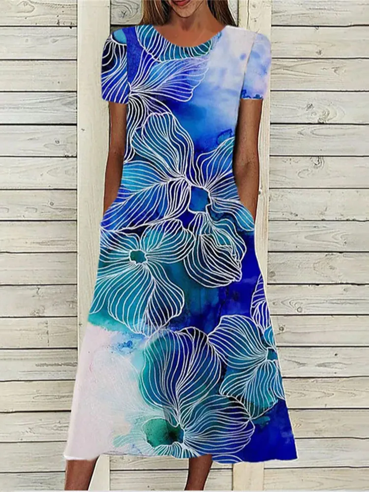 

Женское длинное платье с круглым вырезом, повседневное элегантное приталенное платье с принтом, лето 2023