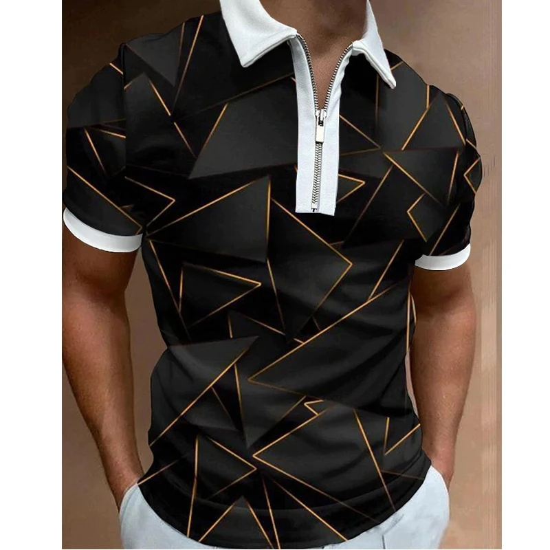 Men's Summer Short-Sleeved Luxury Polo Shirt Abstract Art Print Trend Fashion Oversized Street Lapel Zipper Slim-Fit Clothing