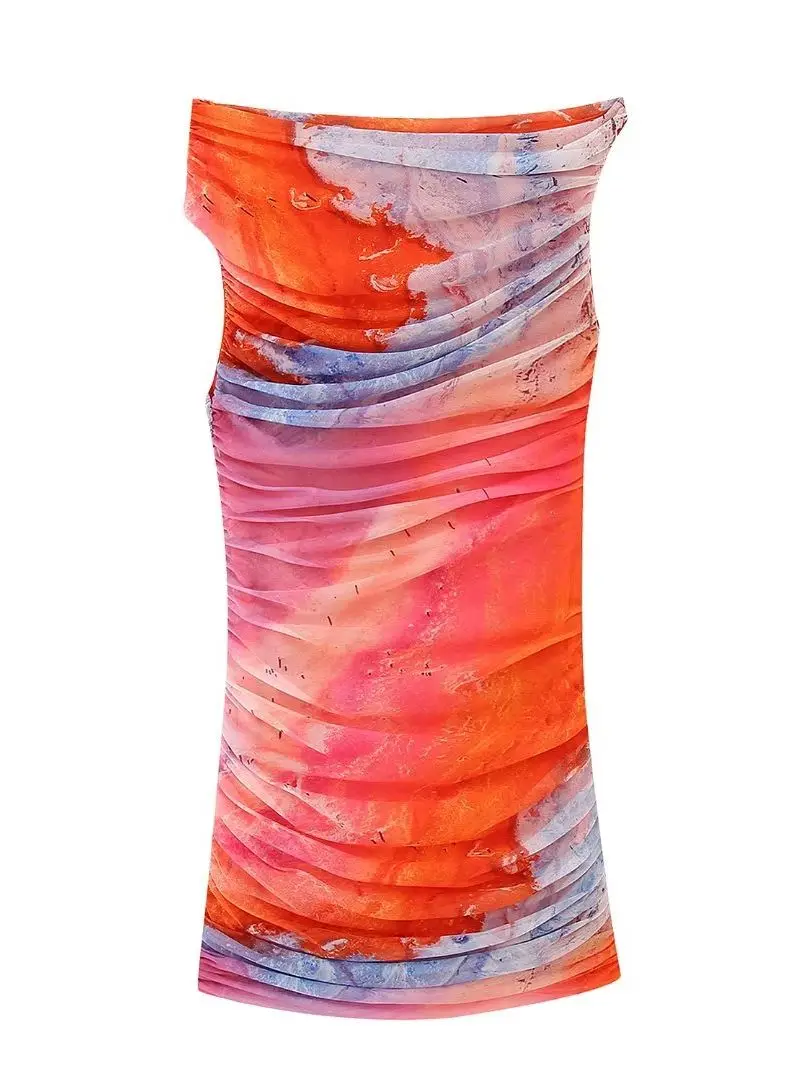 

SLMD 2023 NEW Summer Women Print Draped Slim Mesh Vintage Sexy Streewear Asymmetry Mini Dresses