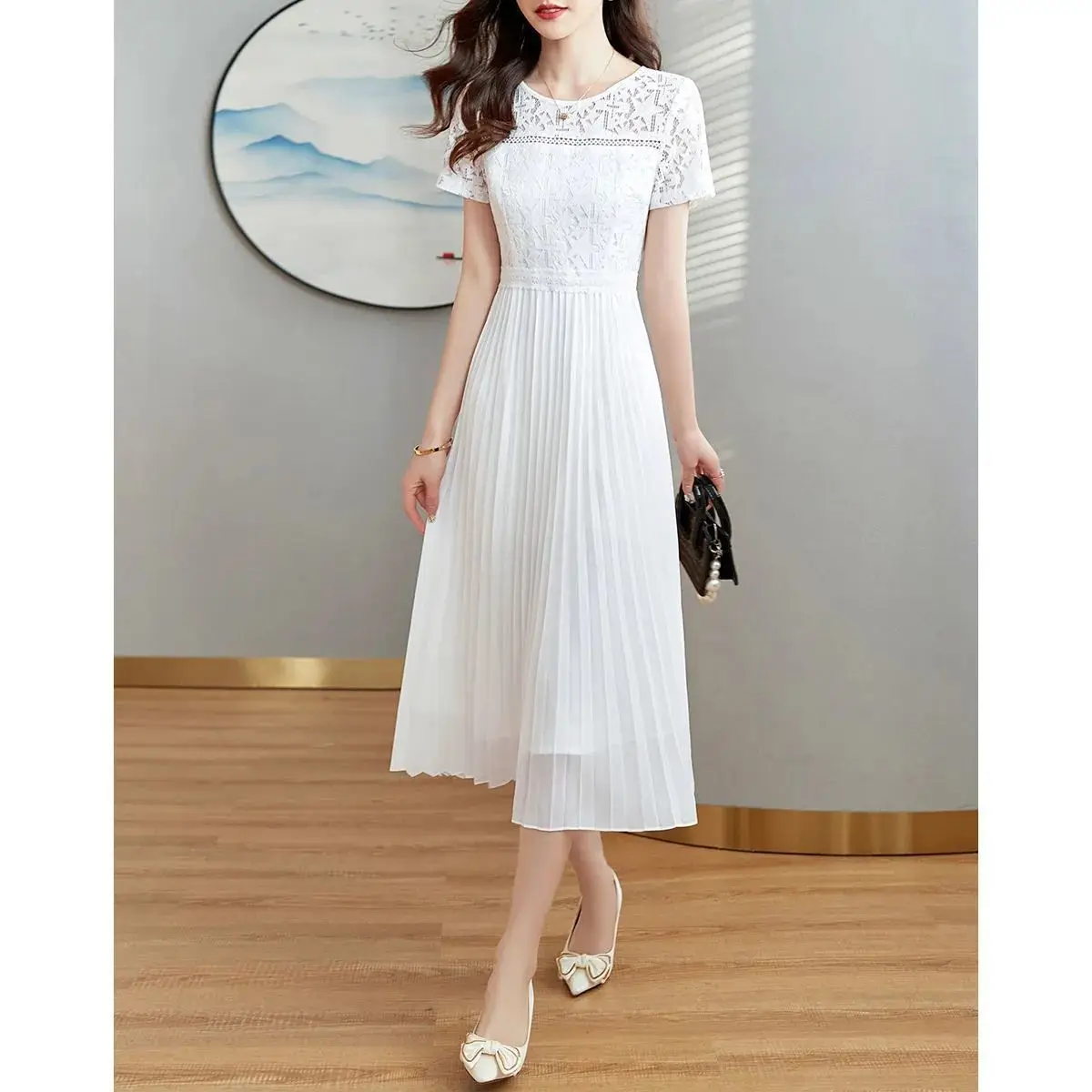 

Fashion Elegant White Dresses Lace Chiffon O-Neck Women's Summer Dress 2022 Chic Lady Collect Waist Slim Pleated Casual Vestidos