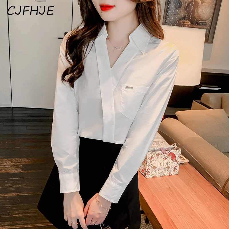 CJFHJE Новинка весны Женская Асимметричная белая рубашка с V-образным вырезом
