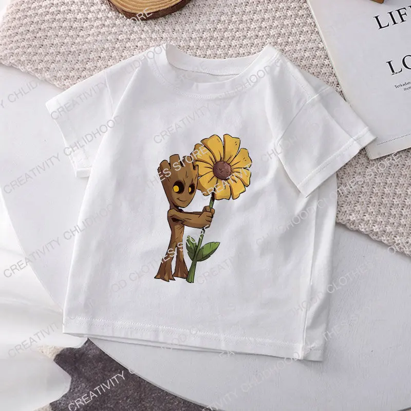 

Groot Children T-shirt Kawaii Marvel T Shirt Cartoons Flower Casual Clothes Anime Kid Clothing Girl Boy Fashion Tops Streetwear