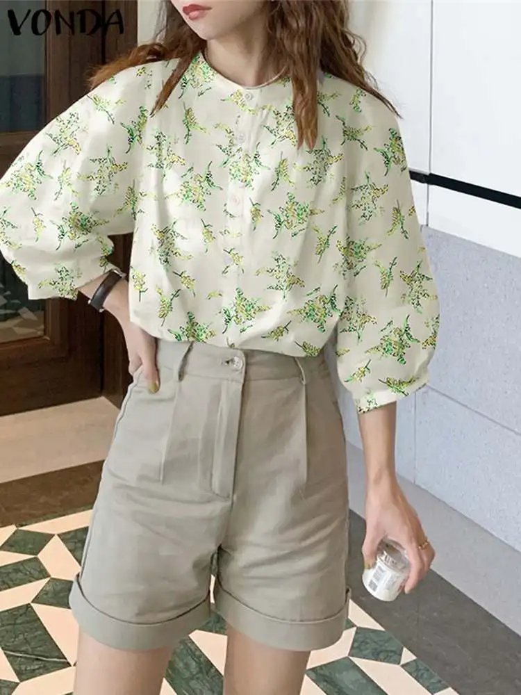 

Women Printed Blouse 2023 VONDA Elegant Lantern Sleeve Tops Fashion Puff Sleeve Shirts Femininas Beach Tops Elegant Blusa Baggy