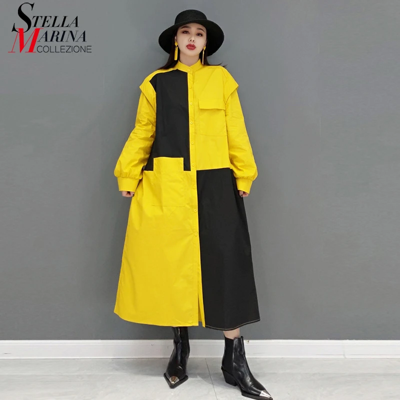 

New Spring Woman Yellow Black Patchwork Full Sleeve Long Shirt Dress Japanese Style Loose Fit Lazy Plus Size Dress Style APP01