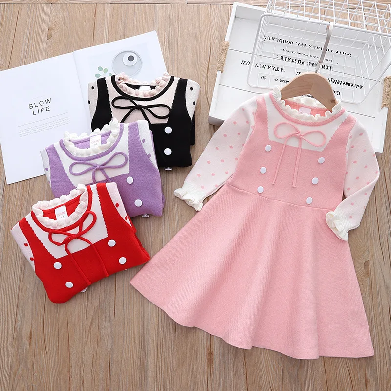 

Spring Autumn For Baby Girls Knitted Sweater Dress Kids Long Sleeve Warm Casual Solid Pleated Princess Dress Children's Clothing