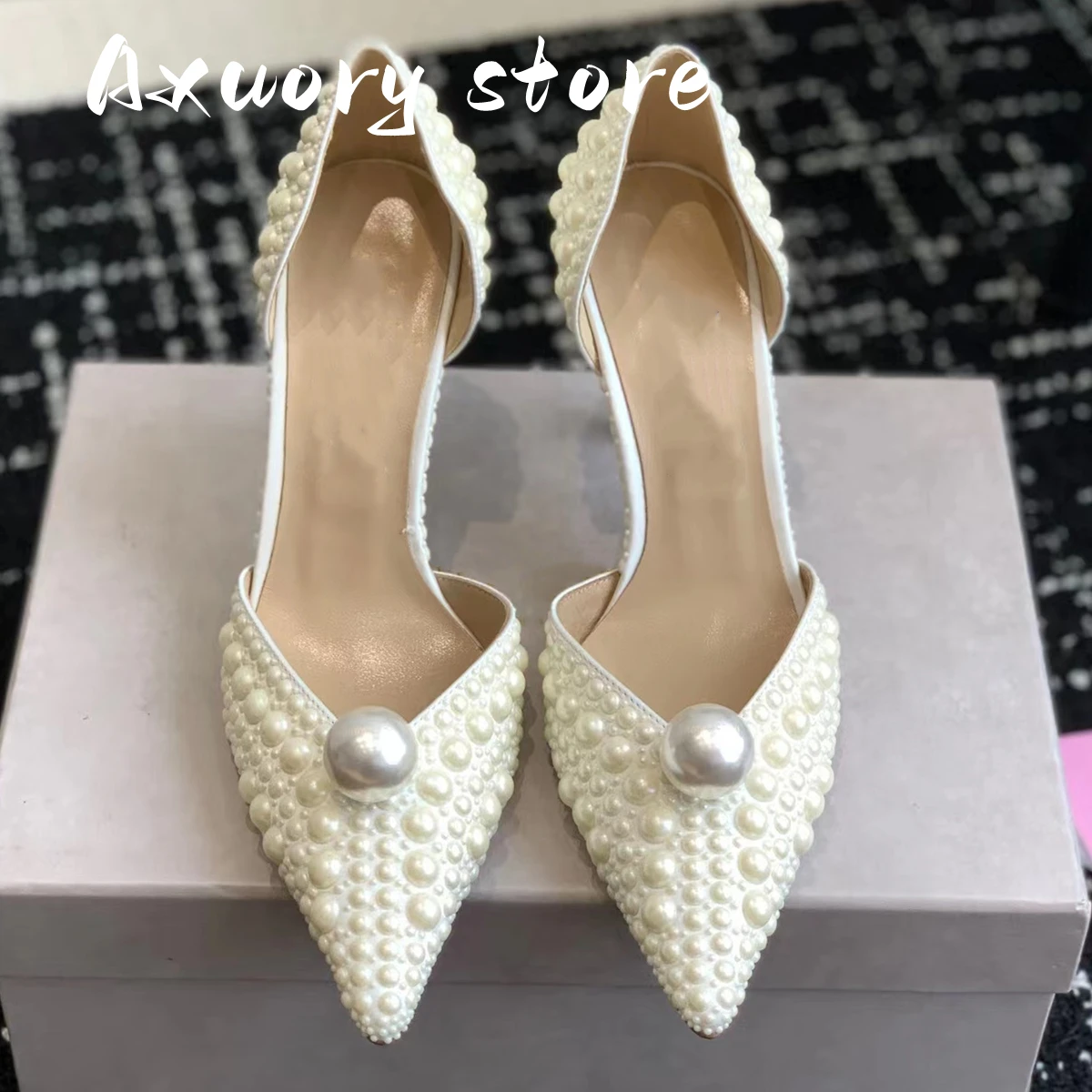 Women High Heels Bride Party Shoes Lady Pointed Toe Slip-on Pumps Runway Thin Heels Shoes Woman Pearl Shoes White