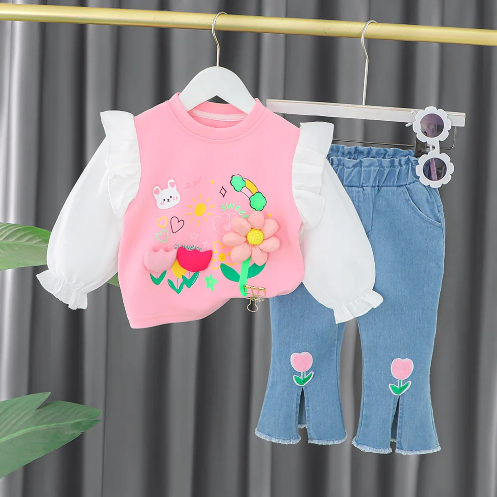 Cotton baby girls' clothing suit children's clothing 2023 new spring and autumn casual top jeans flared pants 2 sets 1-4Y