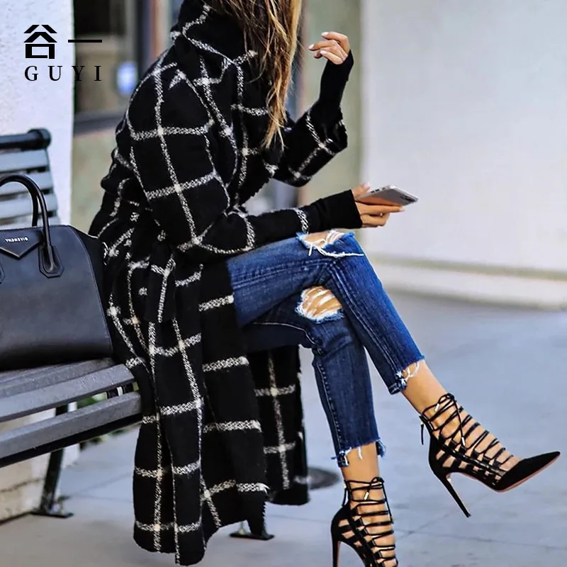 

Winter Black Wool & Blends Women Overcoat Warm Plaid Long Coat Oversize Thick Coats & Jackets Retro Female Street Hooded Wools