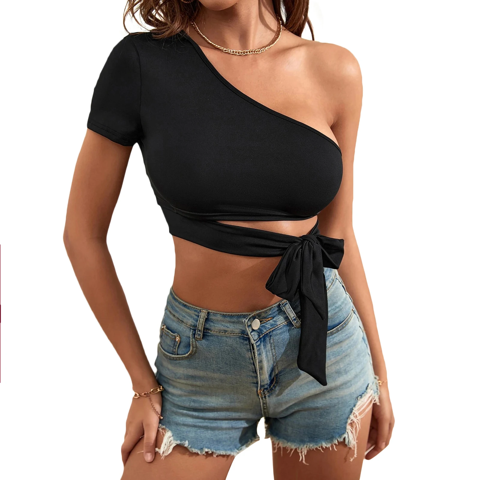 

Женская летняя футболка kayoваши на одно плечо с коротким рукавом бандаж на шнуровке облегающие дамские ажурные Короткие топы уличная одежда