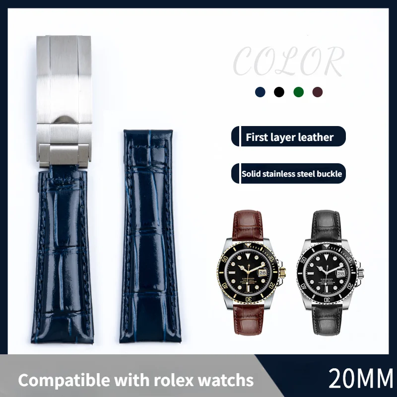 

new Leather watch strap for Rolex watch with imported leather Daytona black blue green water ghost log Green yacht 20mm