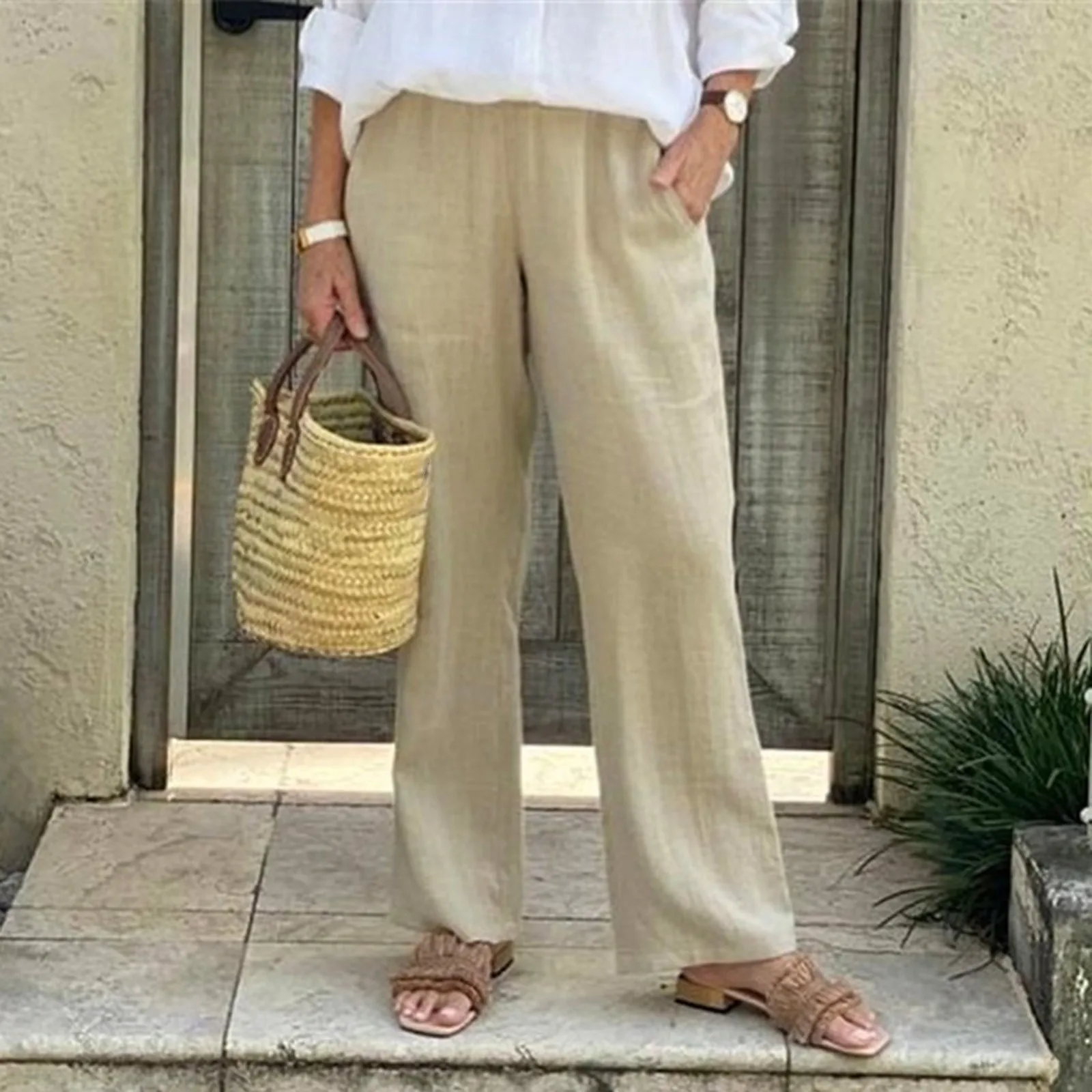 

Women Casual Loose Cotton Linen Trousers Fashion Thin Wide Leg Pants Elastic Waist Solid Color Straight Pants With Pocket