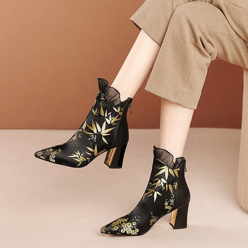 

Phoentin Elegant Women's pointed toe ethnic Ankle boots floral print satin high heels spring autumn short boot big size FT2386
